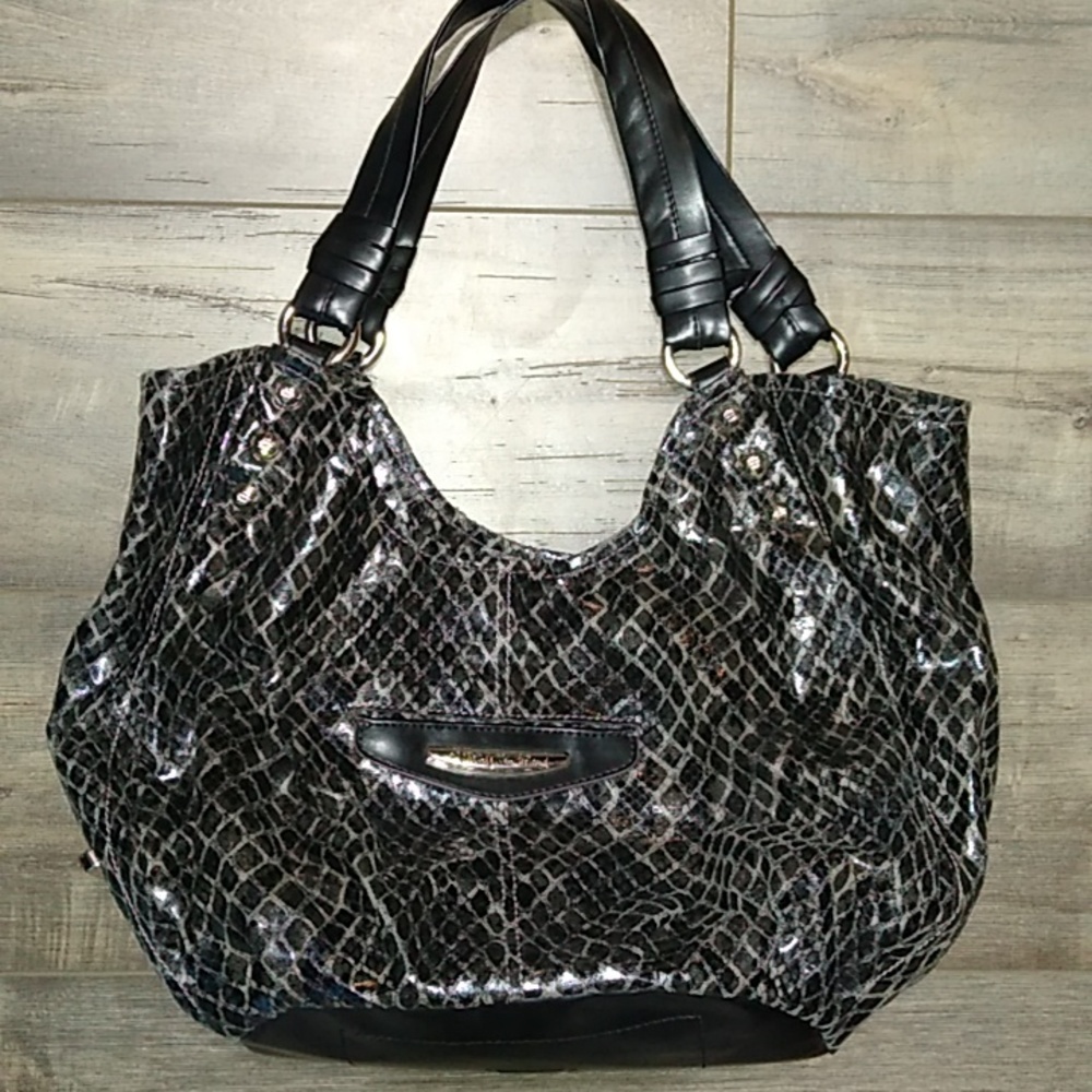 Kathy Van Zeeland black & gray faux snakeskin animal print shoulder bag/purse